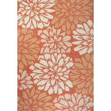 Zinnia Modern Floral Textured Weave Indoor/Outdoor, Orange/Cream, 8x10