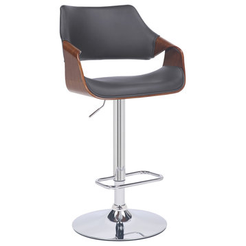 Aspen Adjustable Swivel Faux Leather and Wood Bar Stool With Metal Base, Gray, Walnut, and Chrome