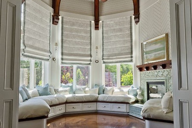 Mid-sized elegant formal and enclosed dark wood floor and brown floor living room photo in Salt Lake City with white walls, a standard fireplace, a tile fireplace and no tv
