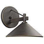 Kichler - Indoor/Outdoor Wall 1-Light, 8"x9.25"x7.5" - Bringing clean lines to a rustic look, the Ripley collection of outdoor lighting features an Olde Bronze finish that warms the smooth cone shape of this 1-light outdoor sconce. 8 inch width. Height 7.5 inches. Extension 9.5 inches. Rises 2.75 inches above the center of the wall opening. Uses 1 - 40W max (type R) or 1 - 60W (G type) bulb. UL listed for wet locations. Dark sky compliant with use of R14 40W bulb.