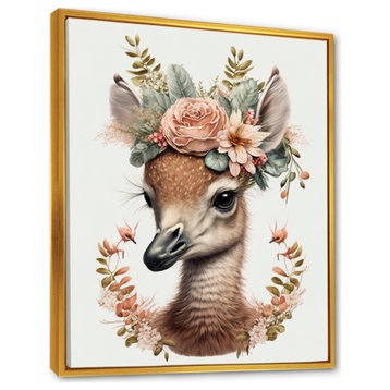 Cute Baby Flamingo With Floral Crown  Framed Canvas, 12x20, Gold