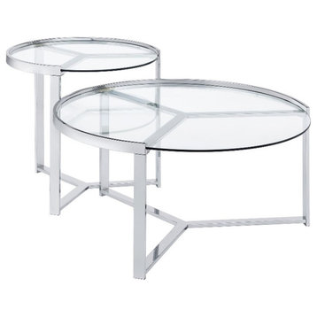 Pemberly Row 2-Piece Metal Round Glass Top Nesting Coffee Table Chrome