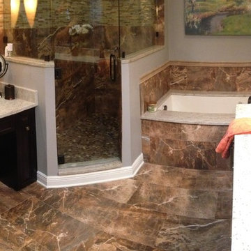 Espresso Cabinets and River Rock Master Bathroom