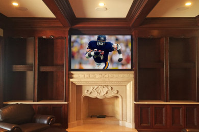 Living room library - large contemporary enclosed dark wood floor living room library idea in Chicago with brown walls, a stone fireplace and a wall-mounted tv