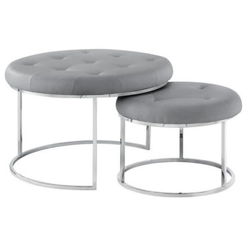 Posh Living Aaden Tufted Faux Leather Nesting Ottoman in Gray/Chrome (Set of 2)