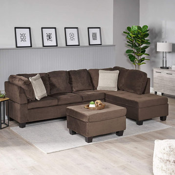 Transitional Sectional Sofa With Ottoman, Tufted Velvety Fabric Seat, Chocolate