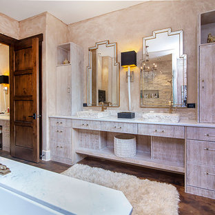 Large mountain style bathroom photo in Charlotte with flat-panel cabinets, light wood cabinets, a vessel sink, granite countertops and white countertops