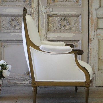 Antique Louis XVI Style Giltwood Bergere Chair in White Linen