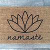 Hand Painted "Namaste, Lotus Flower" Doormat, Midnight Navy Blue