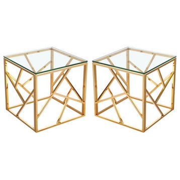 Home Square Transitional Glass Top End Table in Gold - Set of 2