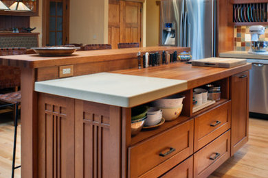 Mid-sized arts and crafts l-shaped medium tone wood floor and brown floor kitchen photo in Other with a farmhouse sink, shaker cabinets, medium tone wood cabinets, wood countertops, multicolored backsplash, ceramic backsplash, stainless steel appliances and an island