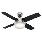 Hunter - Hunter 59245 Dempsey - 44" Ceiling Fan with Light Kit - A contemporary fan with mass appeal, the Dempsey will fit flawlessly in your homes modern interior design. The beautiful, clean finish options work together with the high contrast of angles throughout the design to create a look that will keep your space looking current and inspired. Fully-dimmable, energy-efficient LED bulbs give you total control over your lighting, while the 44-inch blade span is ideal for small rooms. We have a full collection of Dempsey fans so you can maintain a consistent look while tailoring the size and features to each room in your house.   Warranty: Limited Lifetime Motor Warranty is backed by the only company with over 130 years in the fan business Lumens:   Color Temeprature: 3,000  Color Rendering Index:   Lifetime Expectation (Hours): 25,000 Hrs  Airflow: 3053  Rod Length(s): 3   Shipping Length (in): 15.5 Shipping Width (in): 25.0  Shipping Height (in): 8.3  Shipping Weight (Lbs): 21.6  Shipping Cubic Feet (L x W x H)/1728: 1.8613Dempsey 44" Ceiling Fan Brushed Nickel Black Oak Blade Cased White Glass *UL Approved: YES *Energy Star Qualified: n/a  *ADA Certified: n/a  *Number of Lights: Lamp: 2-*Wattage:9w E26 LED bulb(s) *Bulb Included:Yes *Bulb Type:E26 LED *Finish Type:Brushed Nickel