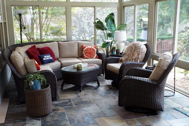 Mid-sized transitional slate floor and gray floor sunroom photo in Other with a standard ceiling