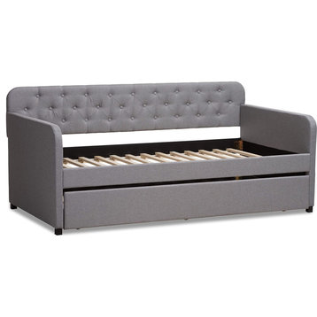 Twin Daybed, Button Tufted Polyester Upholstery and Trundle, Light Grey