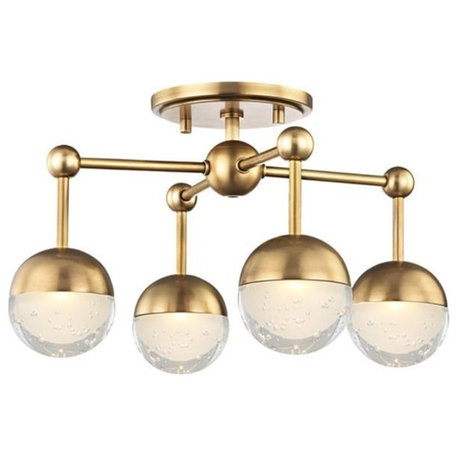 Boca 4 Light LED Flush Mount, Aged Brass Finish, Clear, Etched Glass