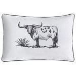 Paseo Road by HiEnd Accents - Ranch Life Indoor/Outdoor Pillow, 16"x24", Steer, 1 Piece - Add a playful Western charm to your bed, sofa, or porch with our Ranch Life Indoor/Outdoor Pillow. In a versatile black-and-white colorway, this pillow depicts a cowgirl on horseback treading through a desert. Black piped edges finish the look for a refined touch. Complement with our Ranch Life Quilt Set and coordinating pillows to complete a stylish and modern Western or Southwestern ensemble.