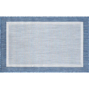Dania Transitional Solid Border Blue/Cream Indoor/Outdoor Scatter Mat, 2'x3'