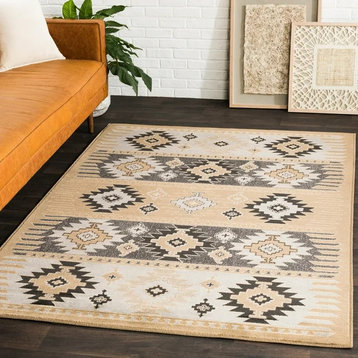 Traditional Area Rug, Machine Woven Polypropylene With Geometric Pattern, Beige