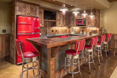 Design ideas for a mid-sized country u-shaped home bar in Minneapolis with recessed-panel cabinets.