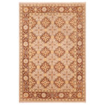 Bareens Designer Rugs - Bohemien Ziegler Leonida Beige Brown Hand-Knotted Wool Rug - 5'9'' x 8'10'' - Enhance the ambiance of your home with this magnificent Persian-influenced Turkish hand-knotted rug made by skilled artisans capable of creating the most exceptional vegetable dyes and hand-spun wool. This exquisite handmade rug is a one-of-a-kind Peshawar Kafkaz, otherwise identified as Chobi, Chobi Peshawar, Oushak, or Ziegler rug. These handmade rugs are crafted in Pakistan utilizing superior-quality wool imported from Australia, New Zealand, and Korea in two types of weaves: the Persian weave and the Mori weave. This rug is meticulously crafted by hand using the finest natural vegetable dyes extracted from local plants. The artisans use a blend of hand-spun local and fine merino wool, resulting in a rug with a compelling texture, higher lanolin content, and longer staple. The artisans occasionally incorporate natural or artificial silk into the pile to enhance specific motifs. The finished product is an awe-inspiring execution of flawless design and an understated palette that exudes elegance.