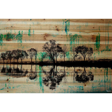"Trees Reflect Green 2" Painting Print on Natural Pine Wood, 45"x30"
