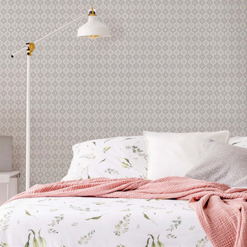 Luxe Ogee White Wallpaper by Graham & Brown Bedroom Shot