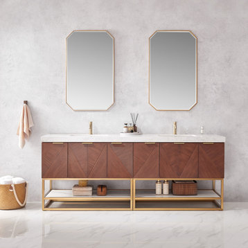 Mahon Bath Vanity, Stone Top, Brushed Gold Base, 84", Double Vanity, With Mirror