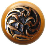 Notting Hill Decorative Hardware - Tiger Lily Wood Knob, Antique Brass, Maple Wood Finish, Antique Copper - Projection: 1-1/8"