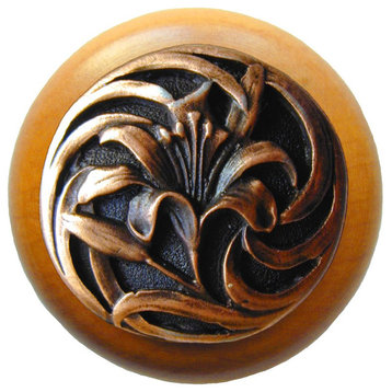 Tiger Lily Wood Knob, Antique Brass, Maple Wood Finish, Antique Copper