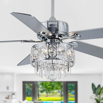 52" Vintage Flush Mount Crystal Ceiling Fan 6-speed with Dimmable Light Remote, Chrome, 52"