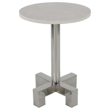 Contemporary Round Wood and Stainless Steel Pedestal Table, White