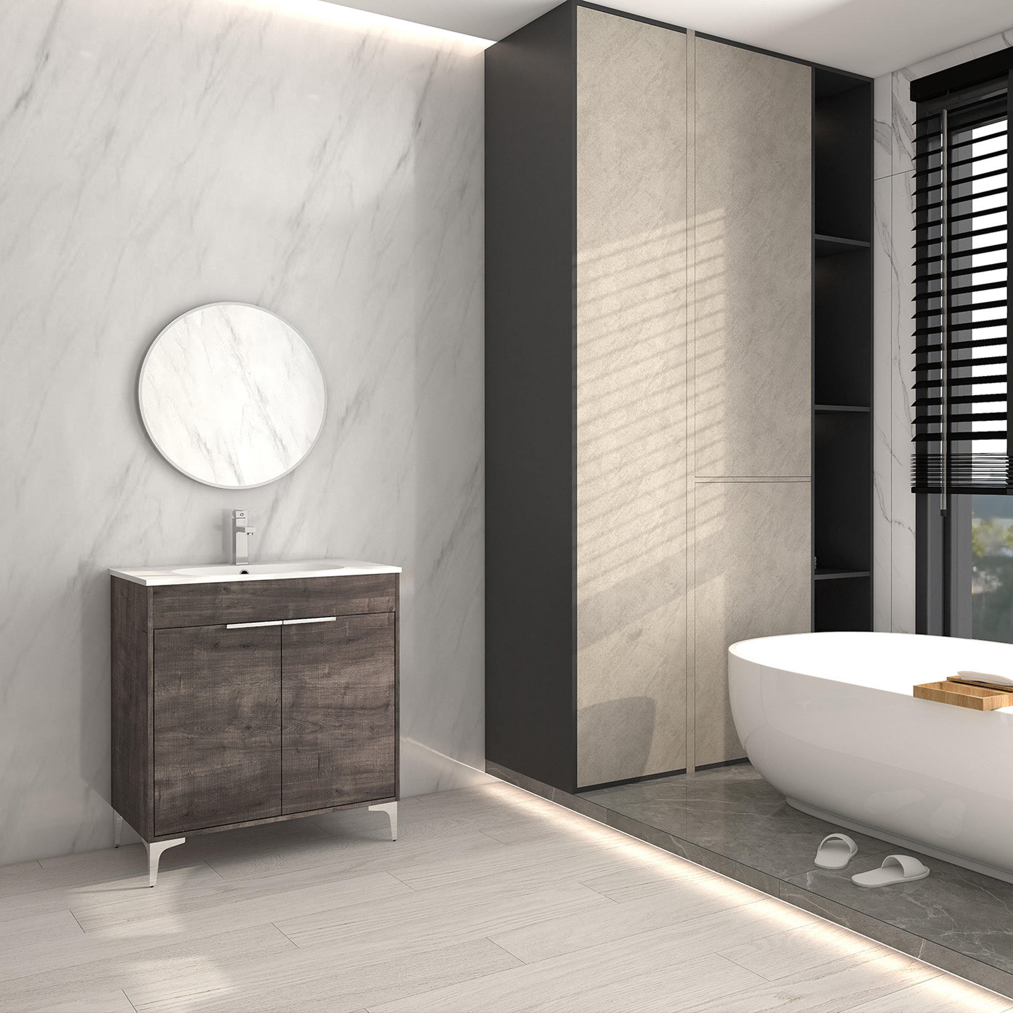 Single Vanity, Gray Oak Finish With Solid Surface Resin White Sink, 30 ...