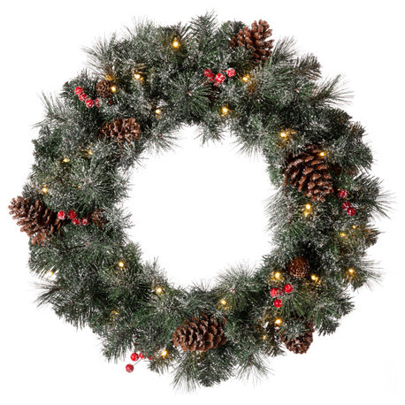 24"D Pre-Lit Glittered Pine Cone Christmas Wreath With Warm White LED Light