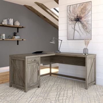 kathy ireland Cottage Grove 60" L Shaped Desk, Drawer & Cabinet, Restored Gray