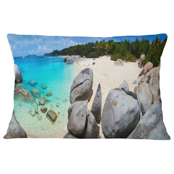 Turquoise Ocean Water with Rocks Modern Seascape Throw Pillow, 12"x20"