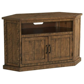 Rustic Corner TV Stand, Grooved Doors and Shelf With Cord Management, Natural