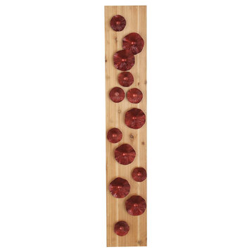 Rustic Iron Flowers on Rectangular Wooden Board Wall Decor, Red