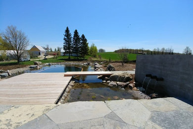 Photo of a large modern backyard custom-shaped natural pool in Toronto with natural stone pavers.