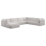 Meridian Furniture - Ease Polyester Upholstered U-Shaped Modular Sectional, Cream, 6 Piece: 3 Corner, 3 Armless, 1 Ottoman - Ease into comfort when you bring home this Ease fabric modular sofa. Designed with an uber casual vibe in mind, this plump sofa sits low to the floor, making it a simplistically perfect addition to a living room, den, game room, teen's room, or dorm room. This fun sofa is part of a modular collection, so you can add it with other items in the Ease collection for a custom arrangement.