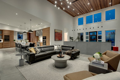 Design ideas for a large modern open concept living room in Calgary with white walls, ceramic floors, a standard fireplace, a metal fireplace surround, a built-in media wall and grey floor.