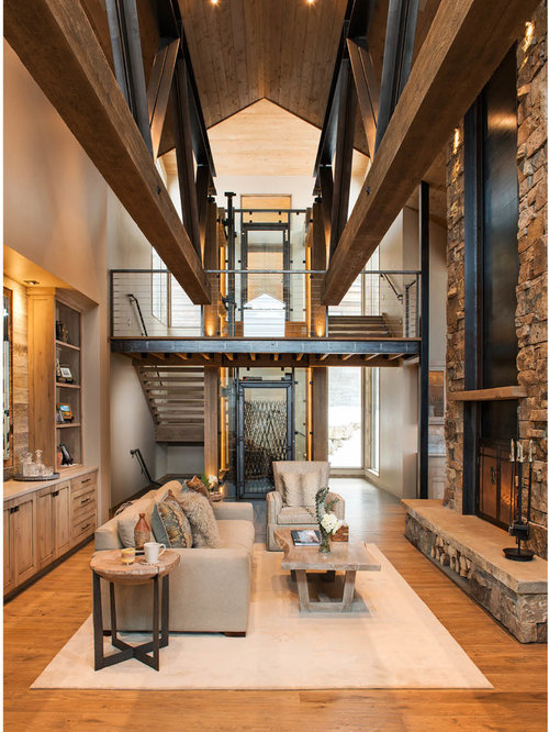 Rustikale Wohnzimmer mit Kaminsims aus Metall Ideen, Design & Bilder