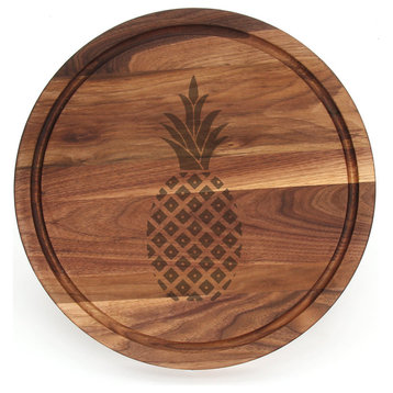 BigWood Boards Thick Round Walnut Cutting Board with Pineapple, 16"