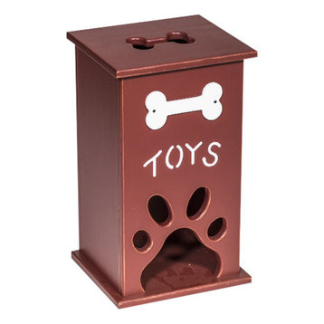 Pine Tower Dog Toy Storage Box With Bone And Paw Print, Burgundy Paint
