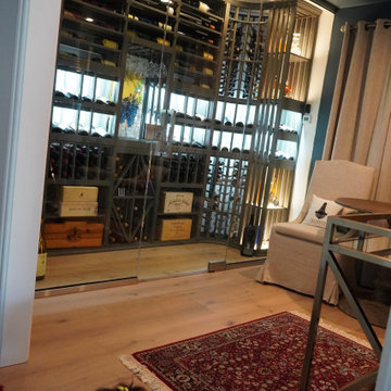 Contemporary Wine Cellar With Wooden Wine Racking