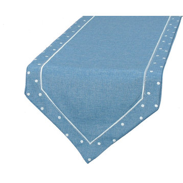 Polka Dot Embroidered Easy Care Table Runner, 15"x72", Chambray