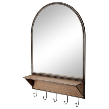Neville Black Metal and Brown Wood Shelf With Hooks Arched Mirror, 30" x 20"