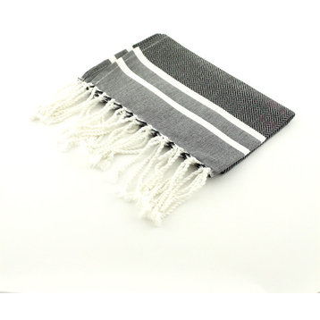 Fouta Hand Towels Herringbone With 2 Stripes, Black/White, Set of 2