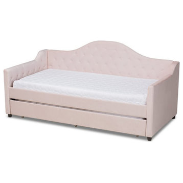 Baxton Studio Perry Velvet Upholstered Twin Daybed with Trundle in Pink