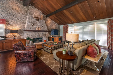 Living room - large transitional formal and open concept dark wood floor and brown floor living room idea in San Diego with white walls, a standard fireplace, a stone fireplace and a wall-mounted tv