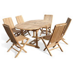 Windsor Teak Furniture - Grade A Teak, 66", Extension Table, 6 Folding Chairs With Lumbar Support - The Buckingham 66"x 39"Double Leaf Oval Extension Table W/6 Java Folding Chairs w/ Lumbar Support. The table is 46" when closed, 56" with one leaf open , and 66" with both leafs open...giving you 3 different size tables. The table is designed with built-in butterfly pop-up leafs that enables you to open or close the table in 15 seconds. The table also comes with cap covered umbrella hole and a built-in umbrella base. The stylish Java Chairs are very comfortable with with a little lumbar support for the lower back and they fold for easy storage.  Some assembly w/ table. Shipped via truck.